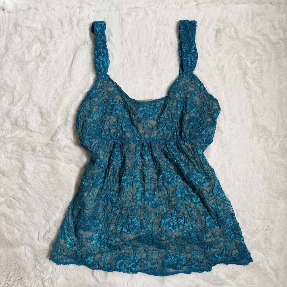 New York & Company Teal Lace Metallic Camisole Tank Top Size S